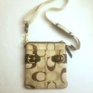 Coach Signature Brown & Tan Monogrammed Crossbody Bag with Side Leather Buckles